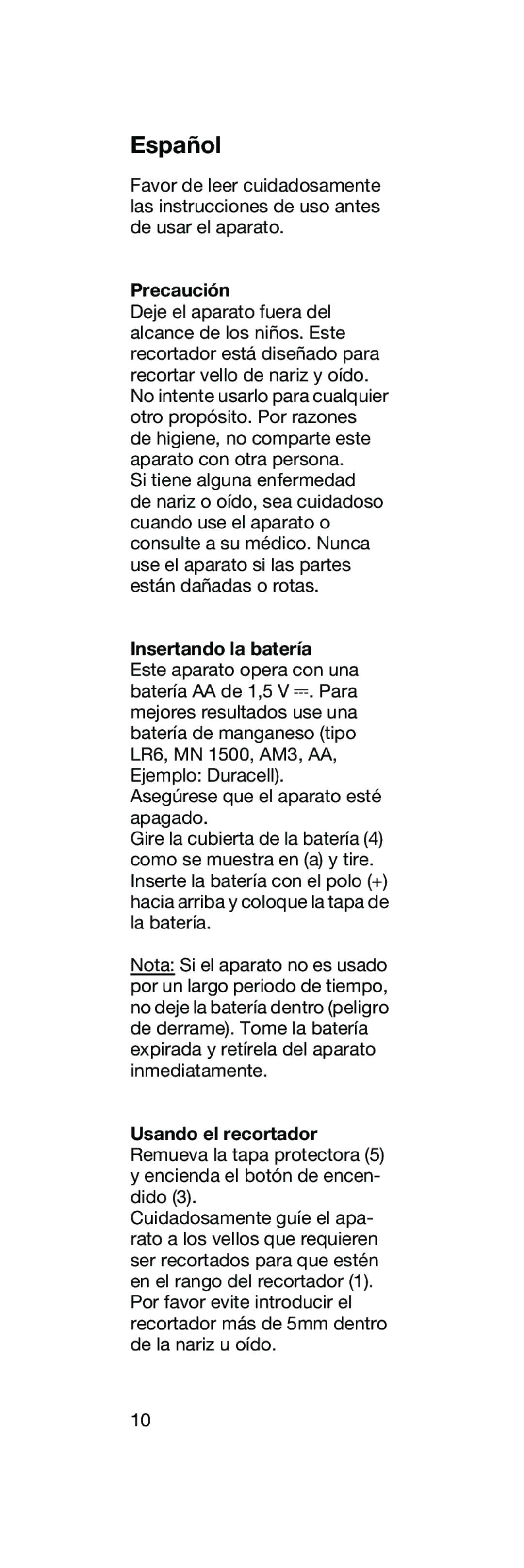 Braun EN 10 manual Español, Precaución, Insertando la batería 