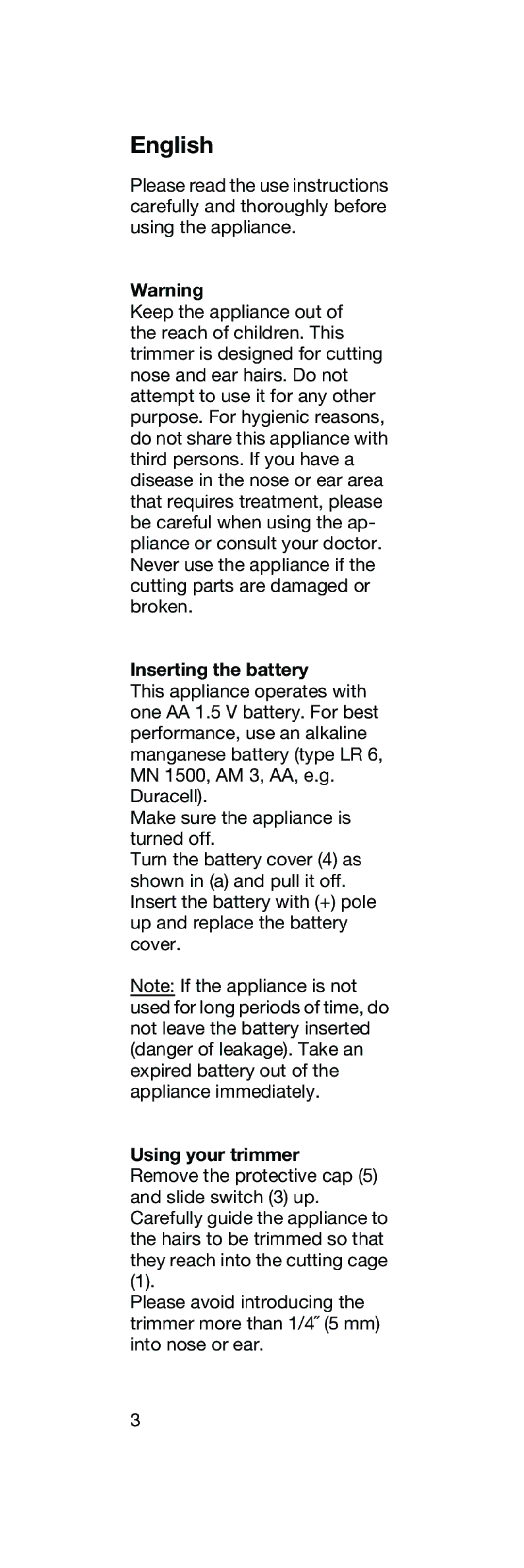 Braun EN 10 manual English, Inserting the battery, Using your trimmer 