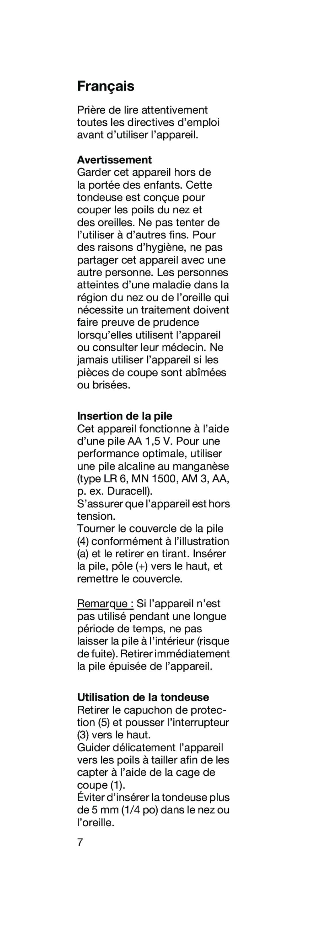 Braun EN 10 manual Français, Avertissement, Insertion de la pile 