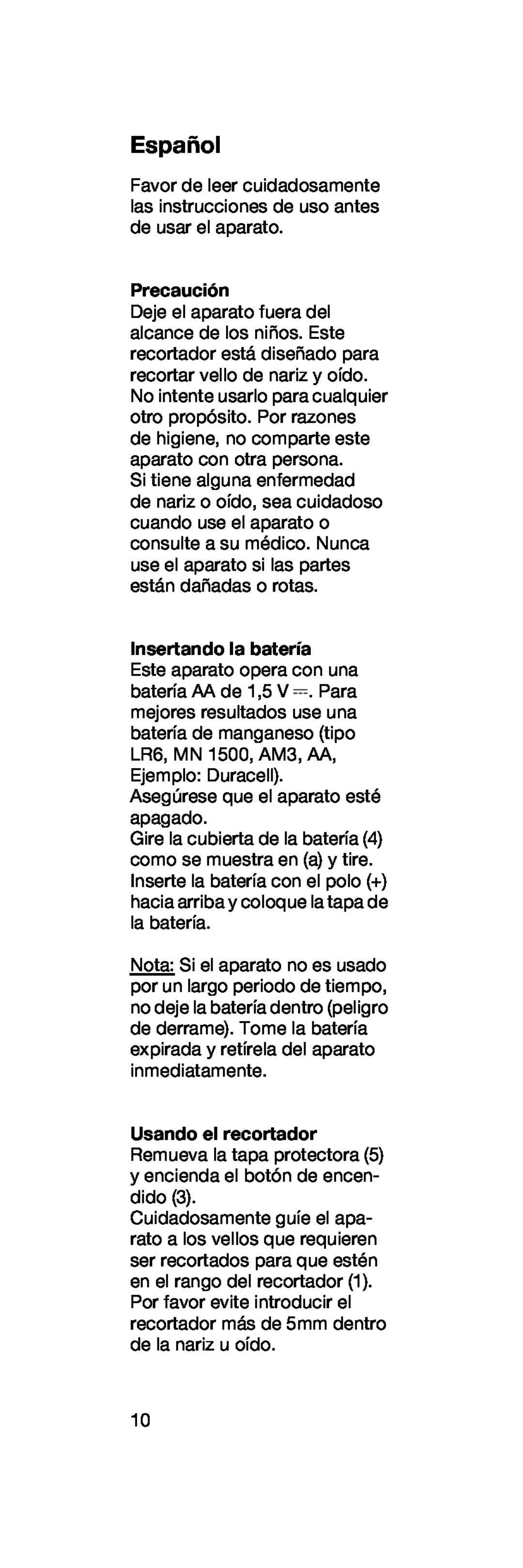 Braun EN 10 manual Español, Precaución, Insertando la batería 