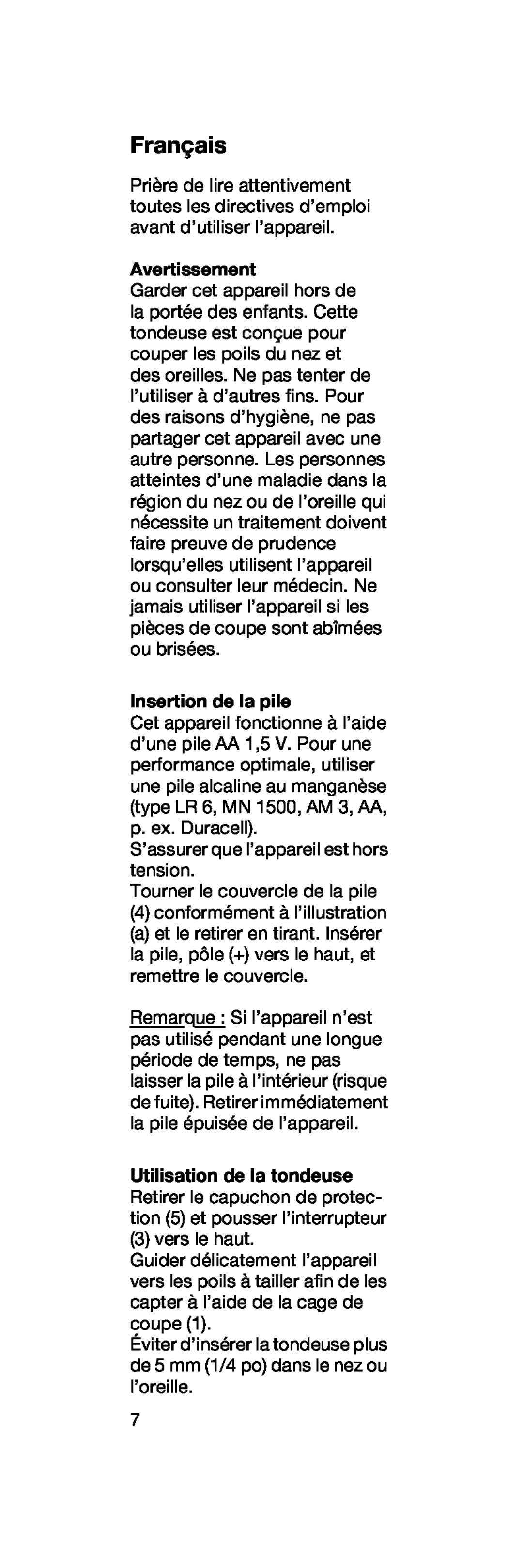 Braun EN 10 manual Français, Avertissement, Insertion de la pile 
