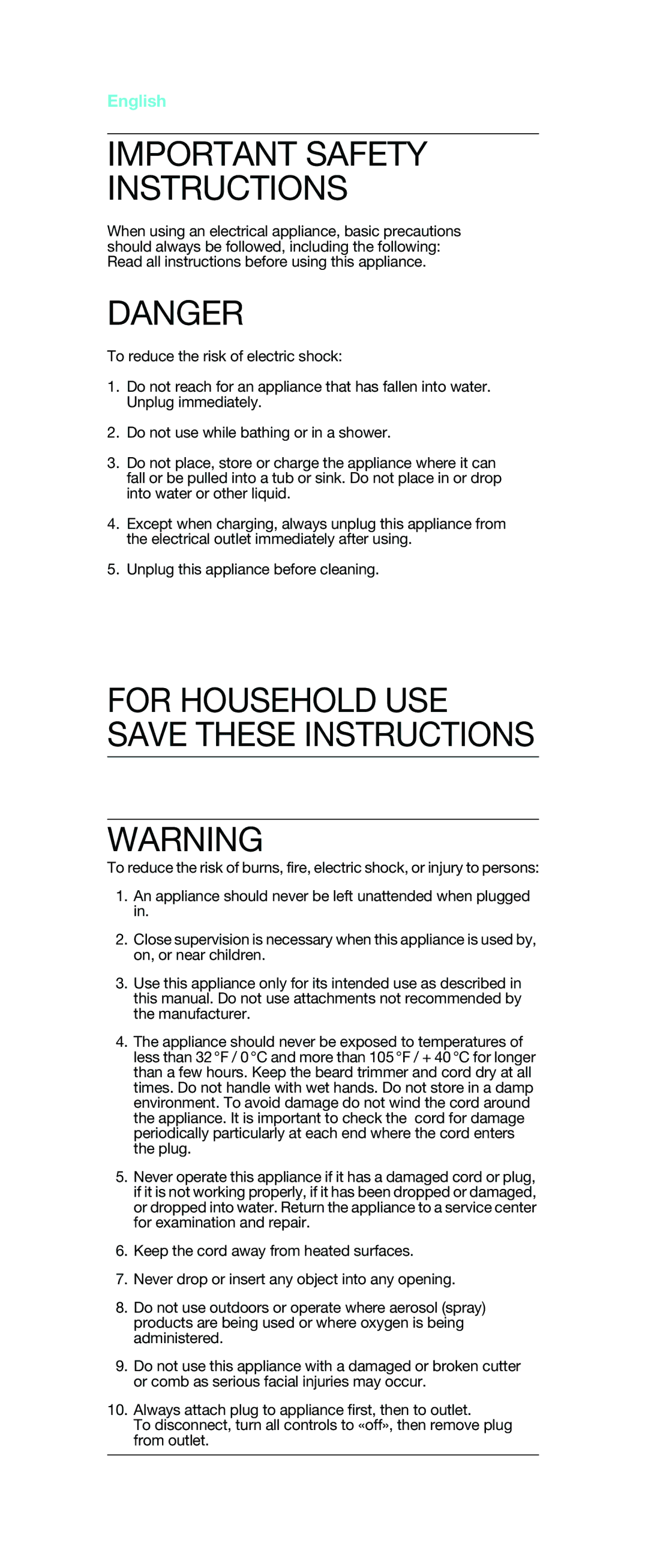 Braun EP 100 manual Important Safety Instructions, English 