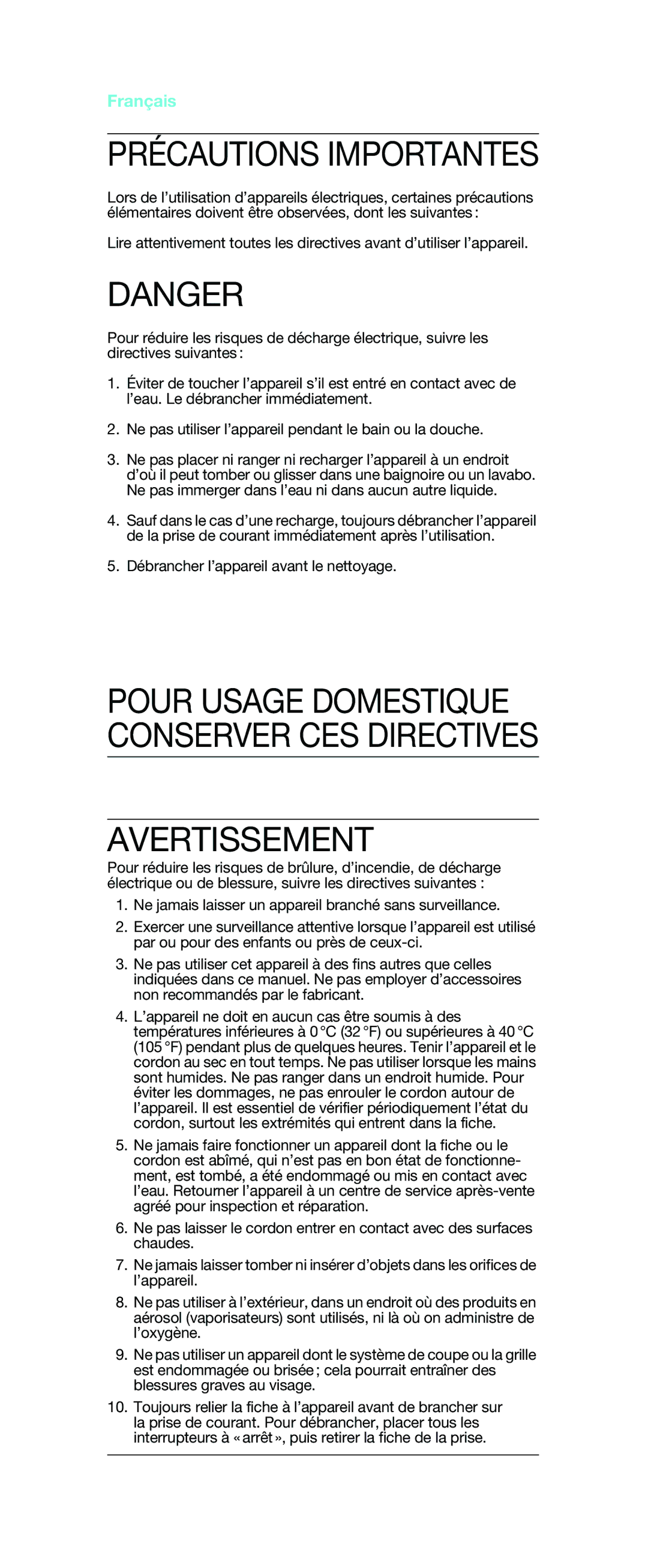 Braun EP 100 manual Avertissement, Français 