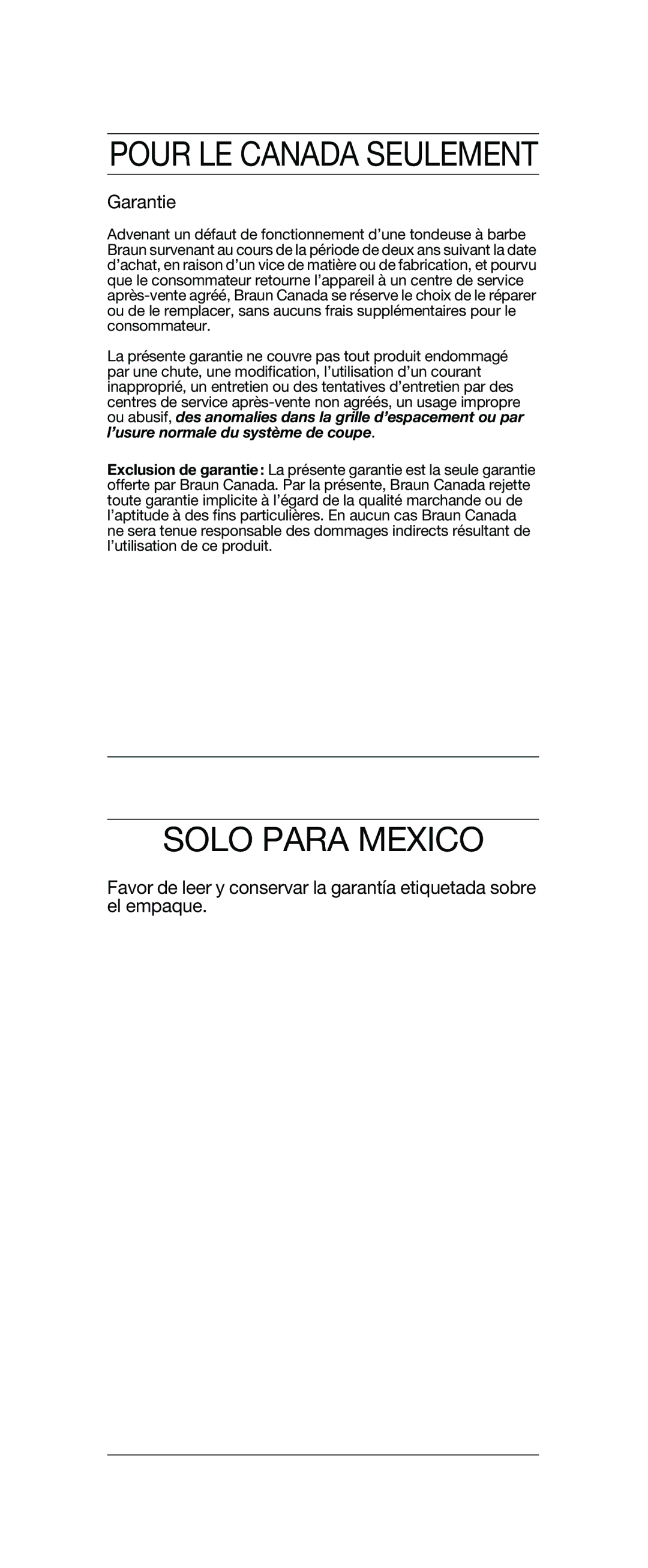 Braun EP 100 manual Solo Para Mexico, Pour LE Canada Seulement 