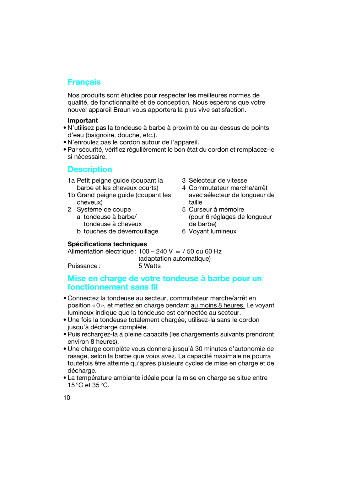 Braun EP 50 manual Français, Spécifications techniques 