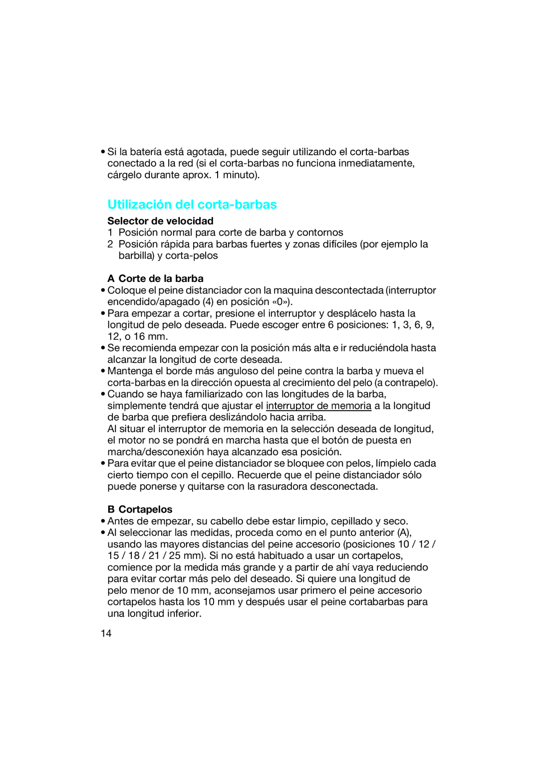 Braun EP 50 manual Utilización del corta-barbas, Selector de velocidad, Corte de la barba, Cortapelos 