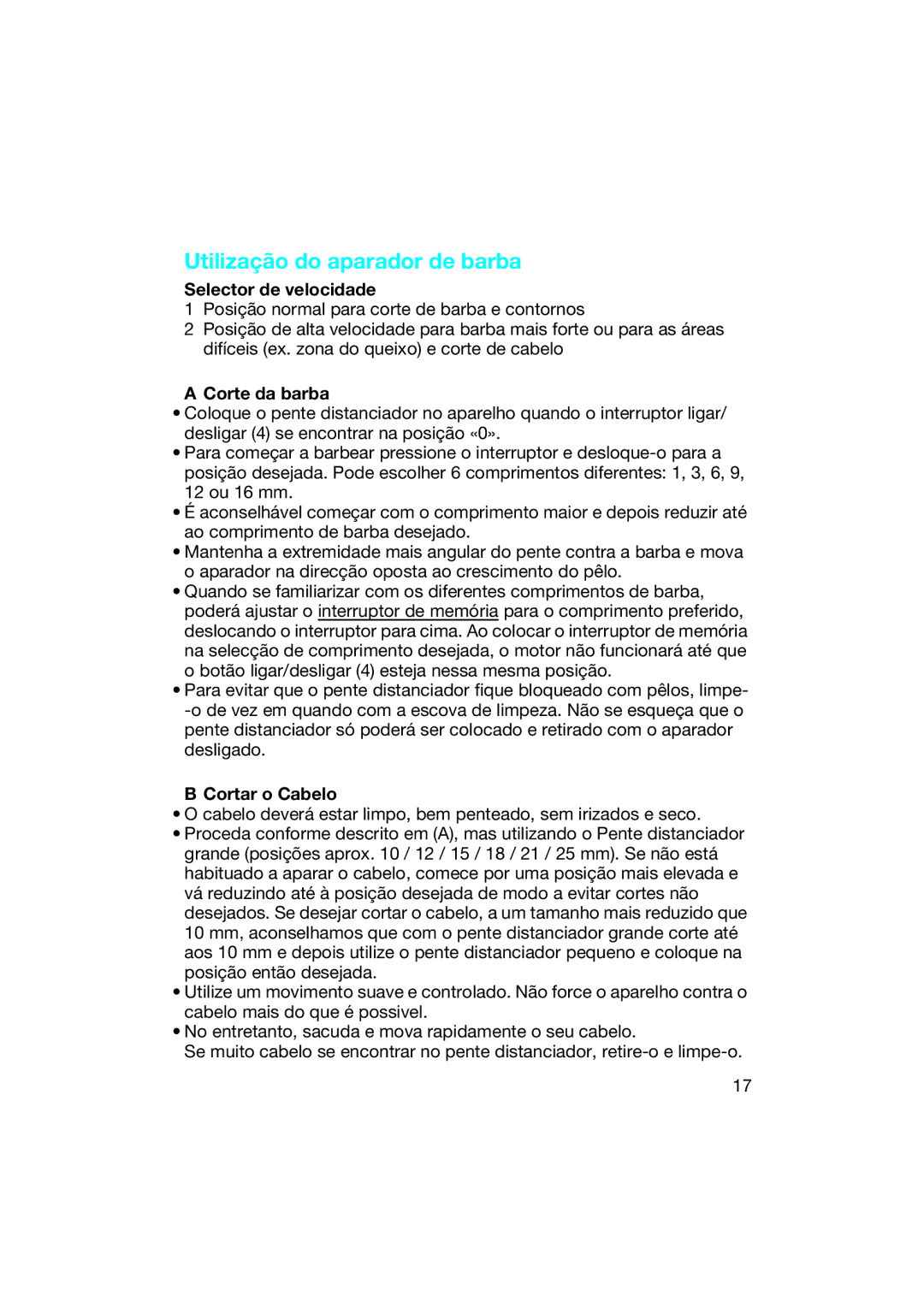 Braun EP 50 manual Utilização do aparador de barba, Selector de velocidade, Corte da barba, Cortar o Cabelo 