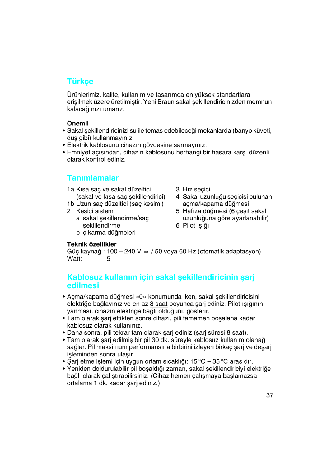 Braun EP 50 manual Türkçe, Tanımlamalar, Önemli, Teknik özellikler 