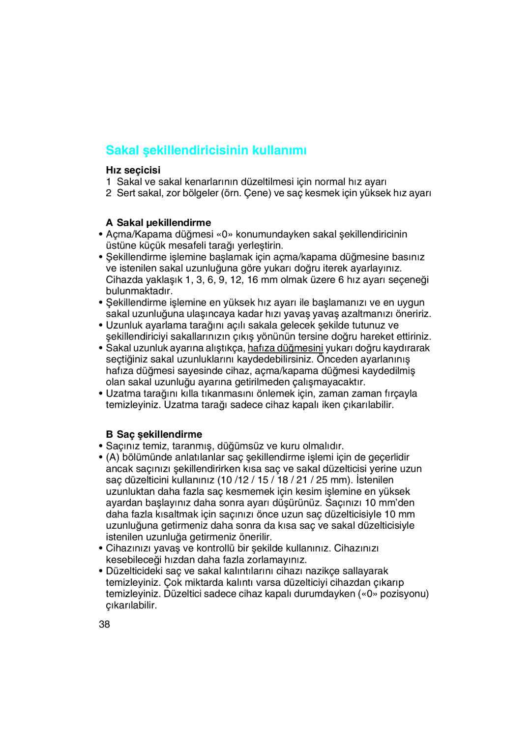 Braun EP 50 manual Sakal µekillendiricisinin kullan∂m∂, Hız seçicisi, Sakal µekillendirme, Saç µekillendirme 