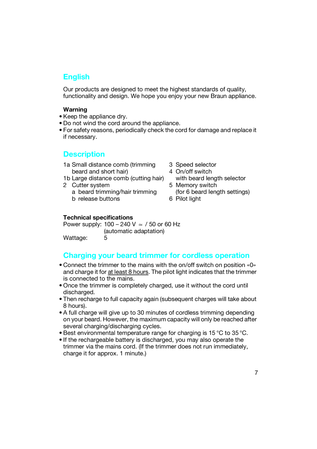 Braun EP 50 manual English, Description, Charging your beard trimmer for cordless operation, Technical specifications 
