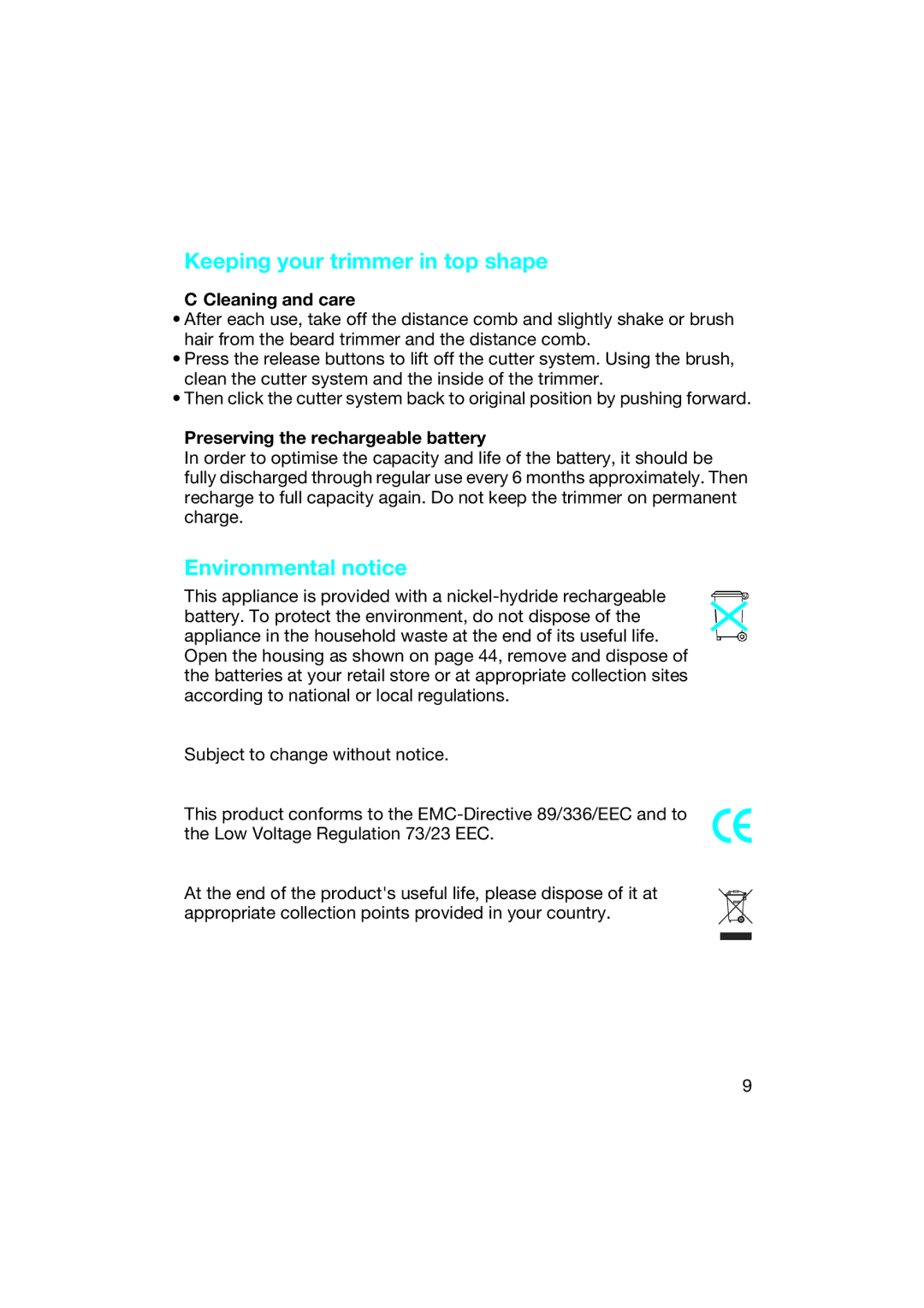 Braun EP 50 manual Keeping your trimmer in top shape, Environmental notice, Cleaning and care 