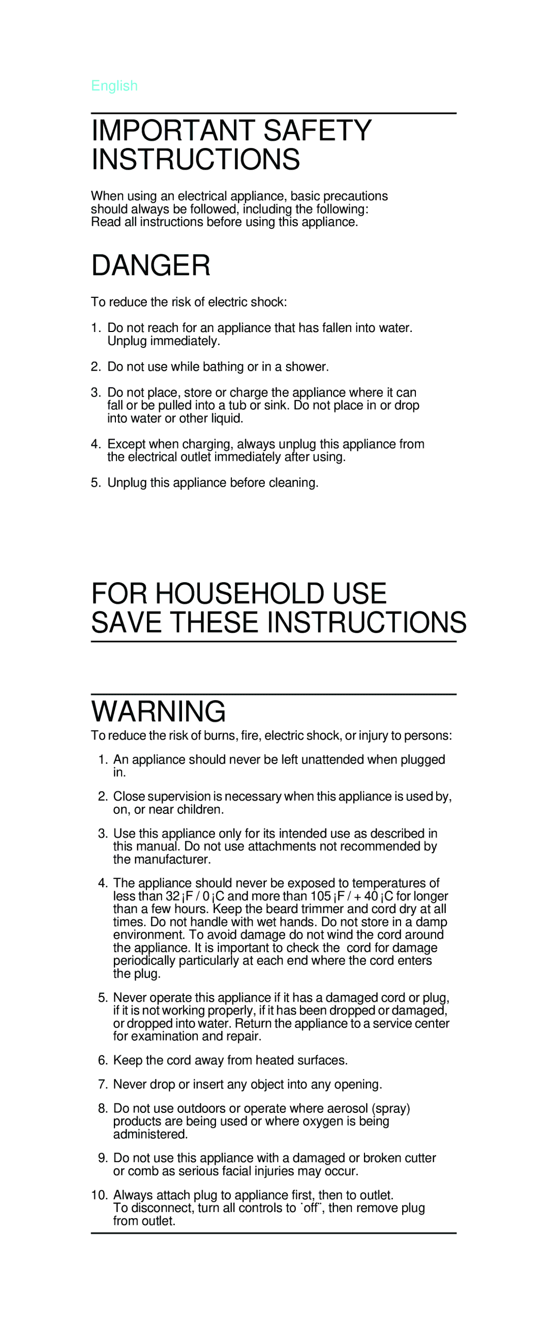 Braun EP 60 manual Important Safety Instructions, English 