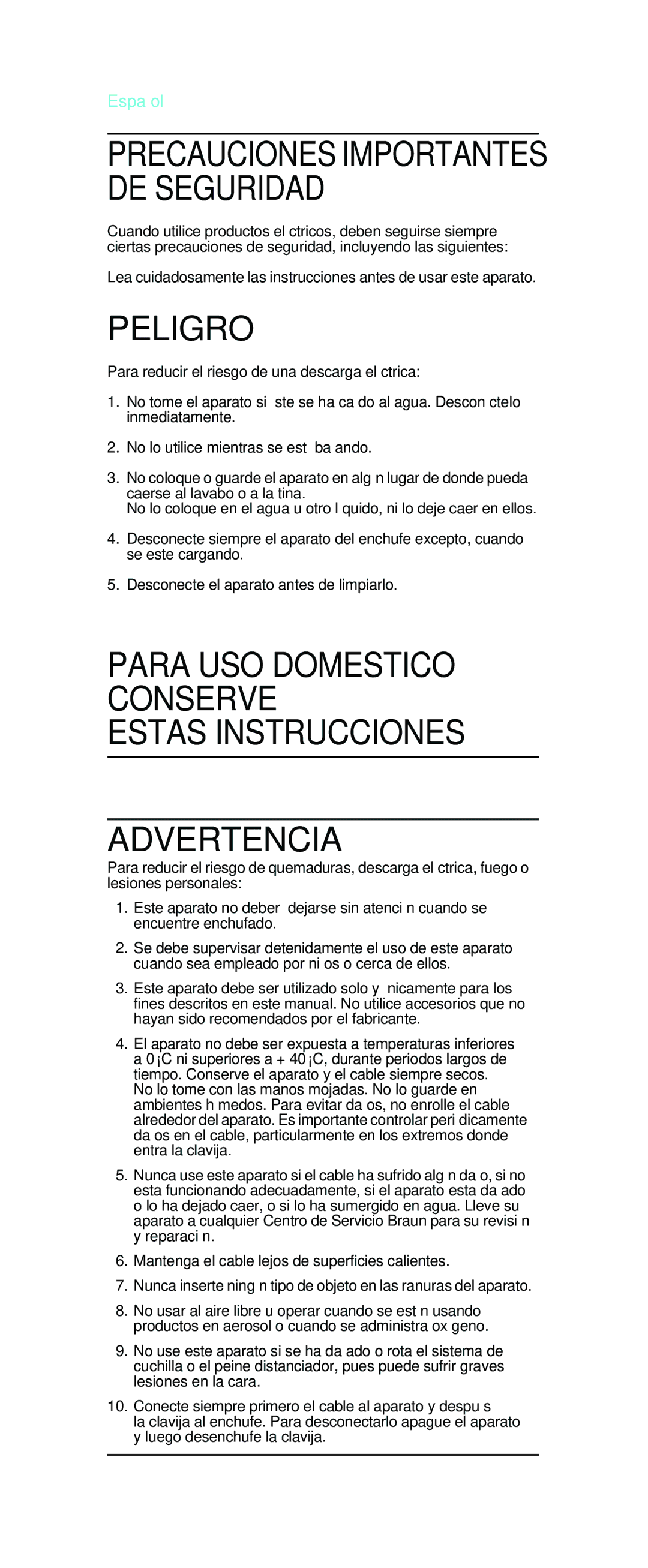 Braun EP 60 manual Peligro, Estas Instrucciones Advertencia, Español 