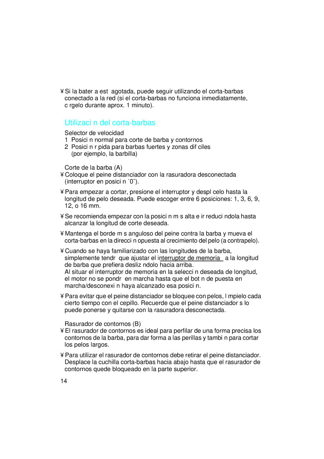 Braun EP 80 manual Utilización del corta-barbas, Selector de velocidad, Corte de la barba a, Rasurador de contornos B 