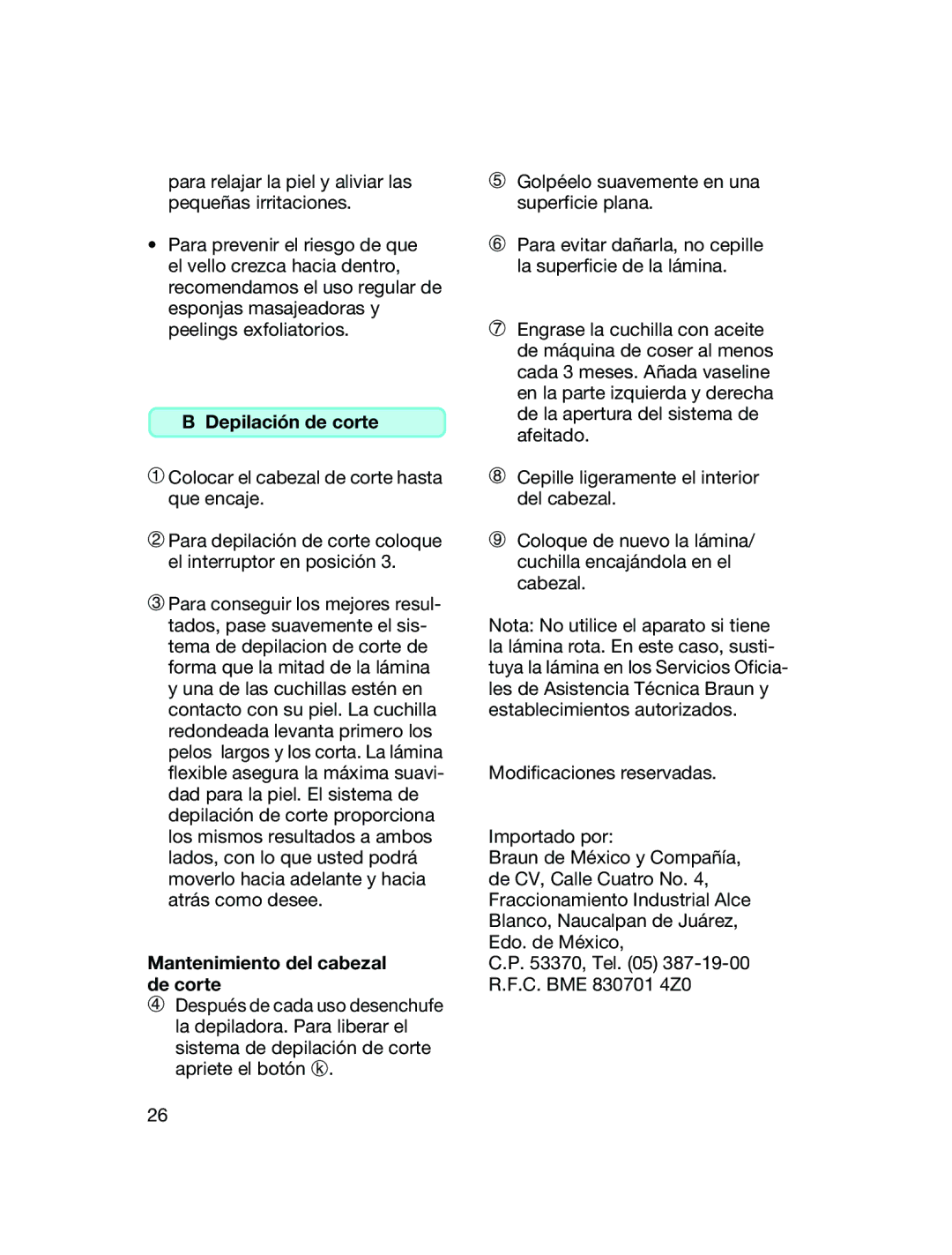 Braun ER 1383 manual Depilación de corte, Colocar el cabezal de corte hasta que encaje, Mantenimiento del cabezal de corte 