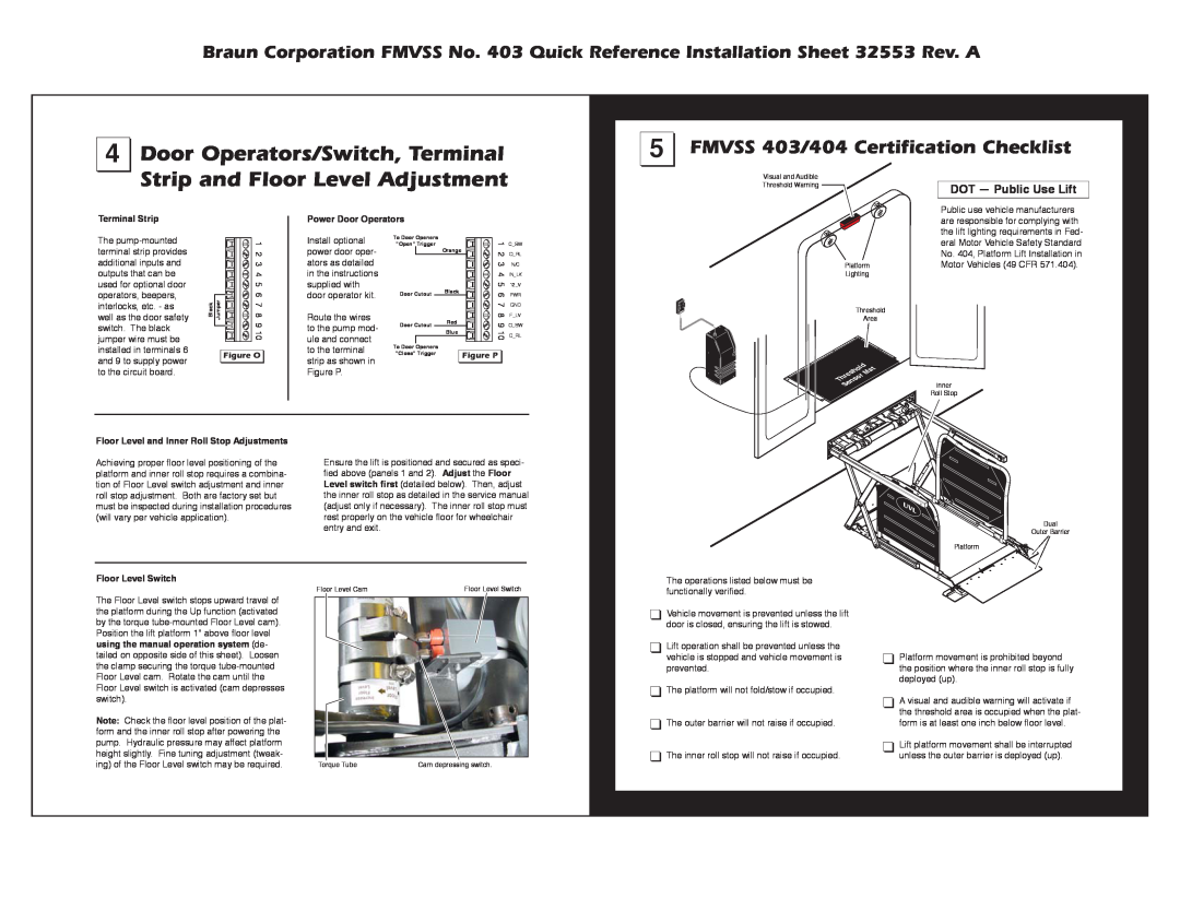 Braun FMVSS NO. 403 dimensions Door Operators/Switch, Terminal, Strip and Floor Level Adjustment, DOT - Public Use Lift 