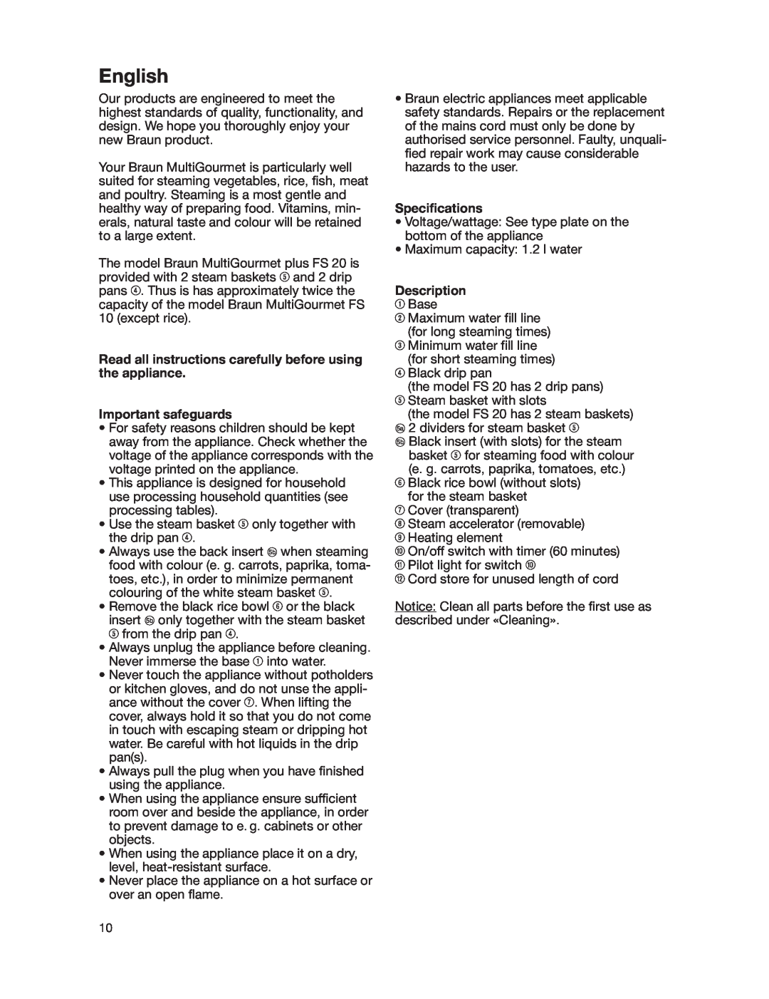 Braun FS10, FS20 manual English, Important safeguards, Specifications, Description 