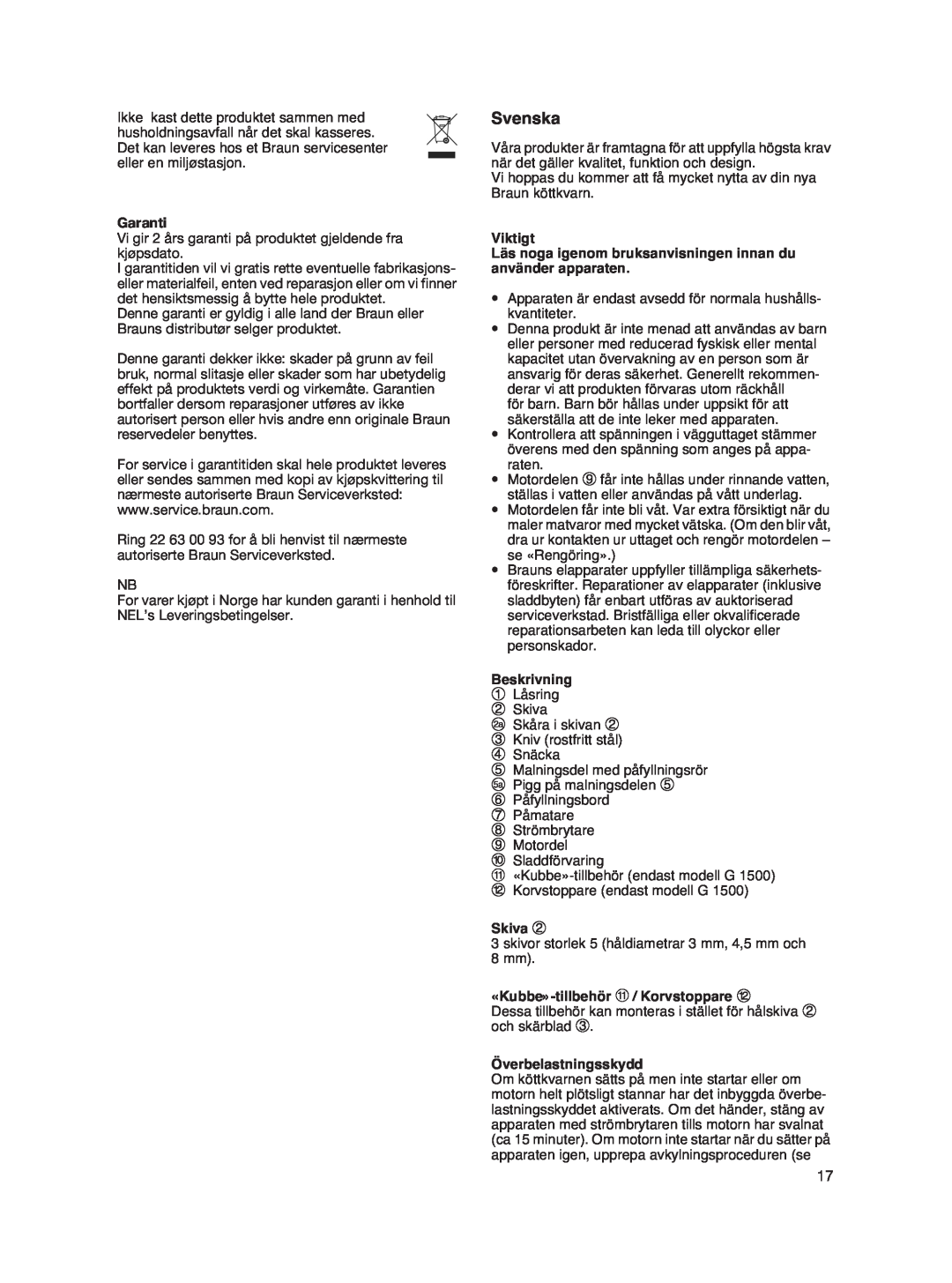 Braun G 1500 Svenska, Garanti, Viktigt Läs noga igenom bruksanvisningen innan du använder apparaten, Beskrivning, Skiva 