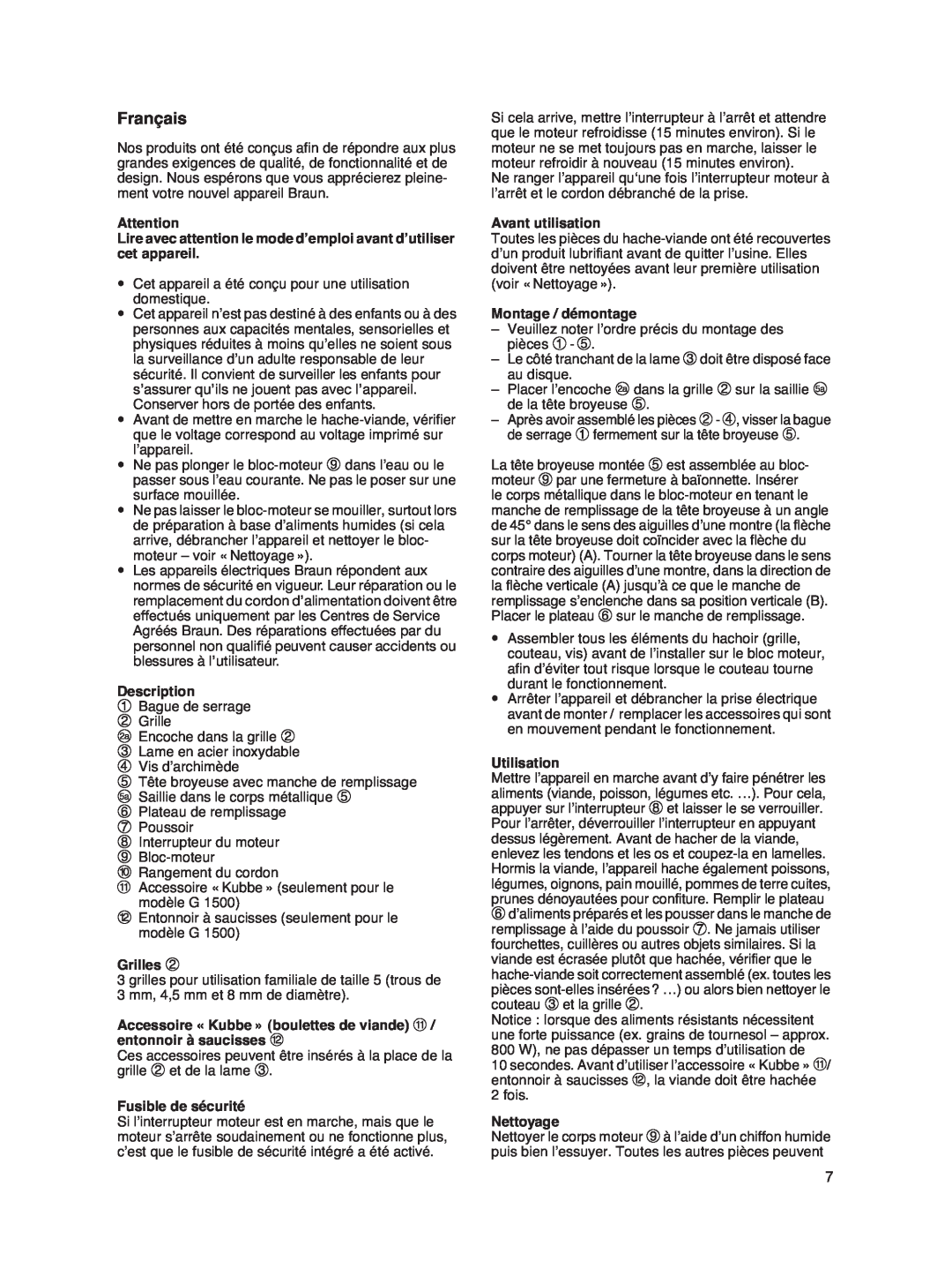 Braun G 1500 Français, Lire avec attention le mode d’emploi avant d’utiliser cet appareil, Description, Grilles, Nettoyage 