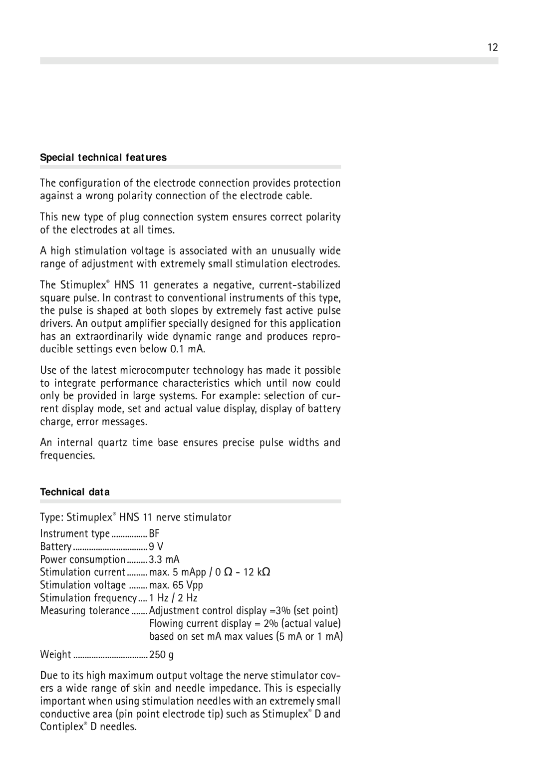 Braun HNS 11 user manual Special technical features, Technical data 