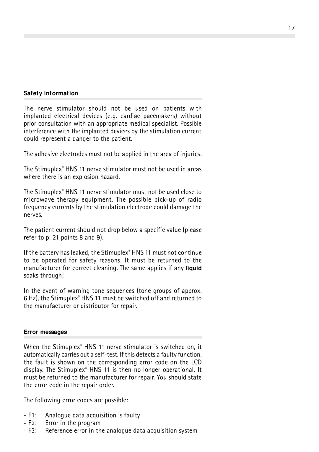 Braun HNS 11 user manual Safety information, Error messages 