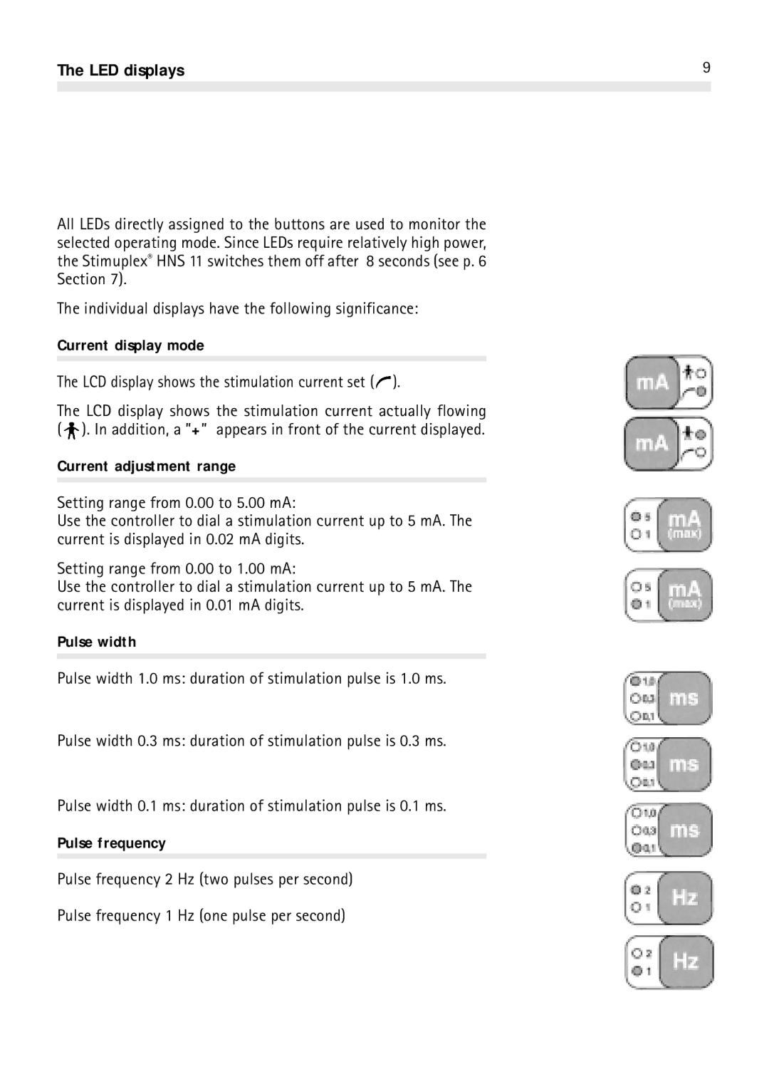 Braun HNS 11 user manual LED displays, Current display mode, Current adjustment range, Pulse width, Pulse frequency 