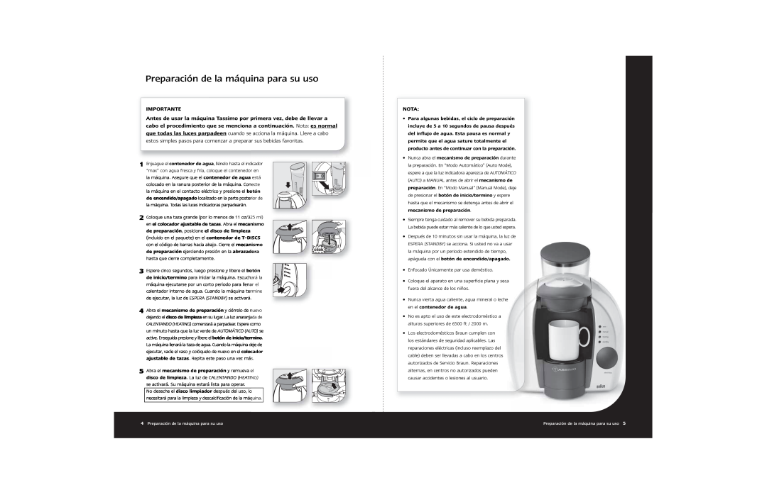 Braun Hot Beverage Machine manual Preparación de la máquina para su uso, 3 4 5, Importante, Nota, mecanismo de preparación 