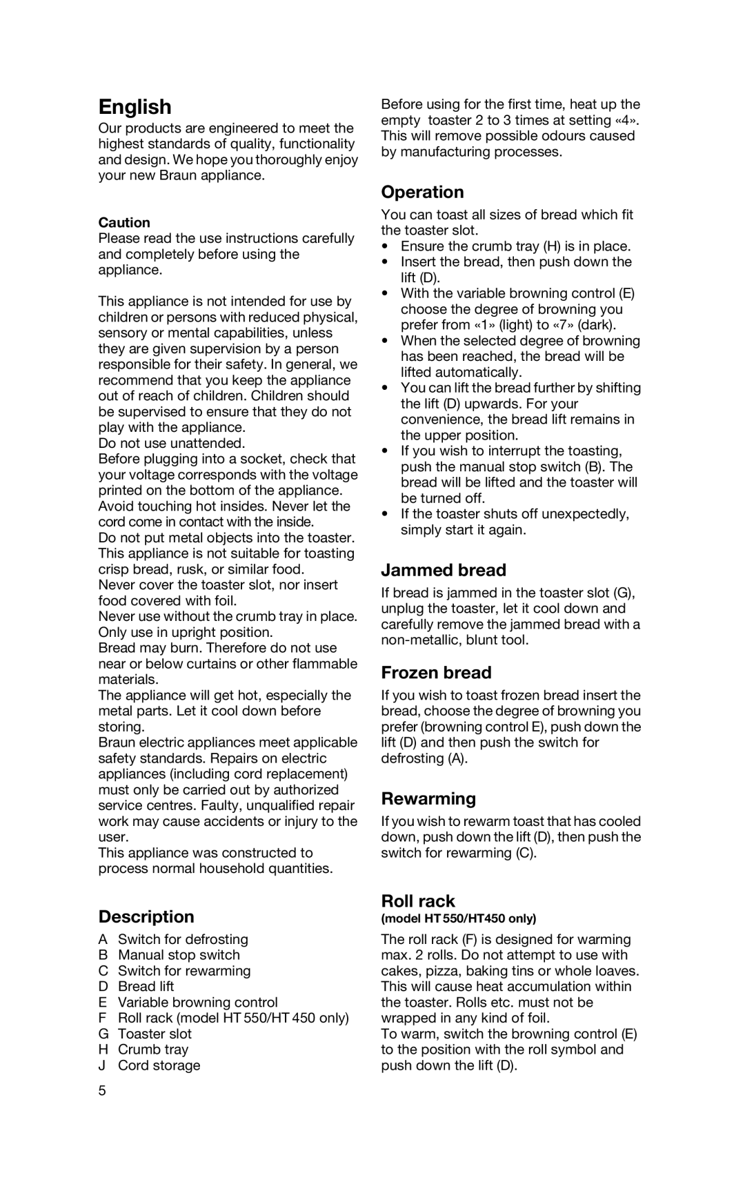 Braun HT 500/550, HT 400/450 manual Operation, Jammed bread, Frozen bread, Rewarming, Description, Roll rack 