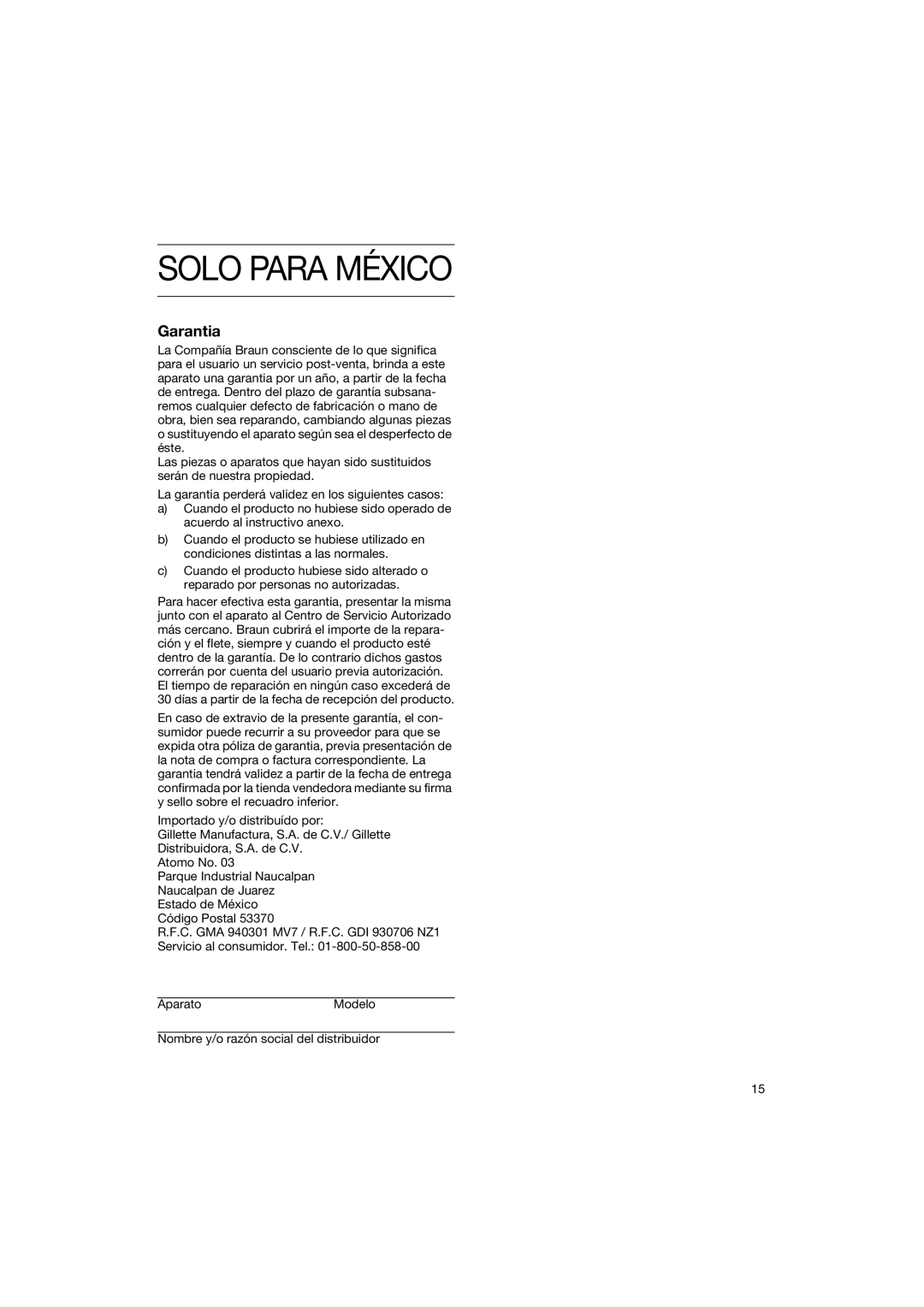 Braun HT 500W, HT 500 B manual Solo Para México, Garantia 