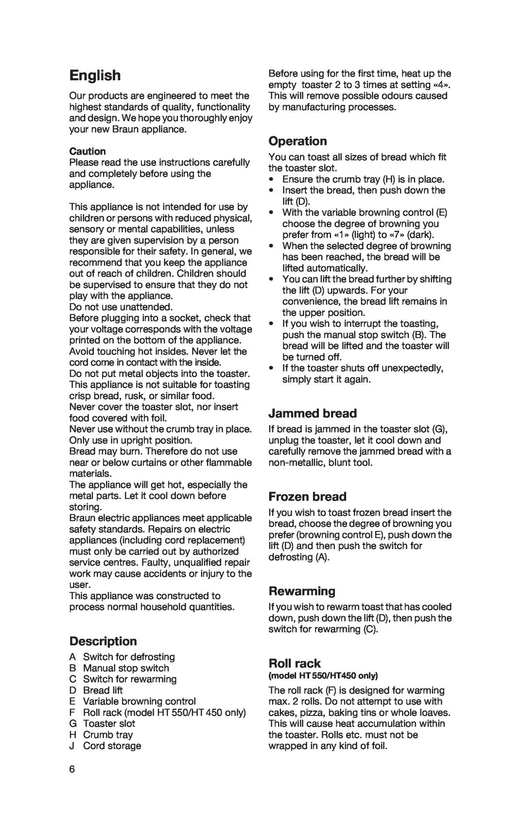 Braun HT 550 manual Description, Operation, Jammed bread, Frozen bread, Rewarming, Roll rack, English 