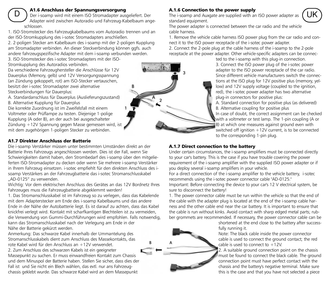 Braun i-soamp-2, i-soamp-4cx manual A1.6 Anschluss der Spannungsversorgung, A1.7 Direkter Anschluss der Batterie 