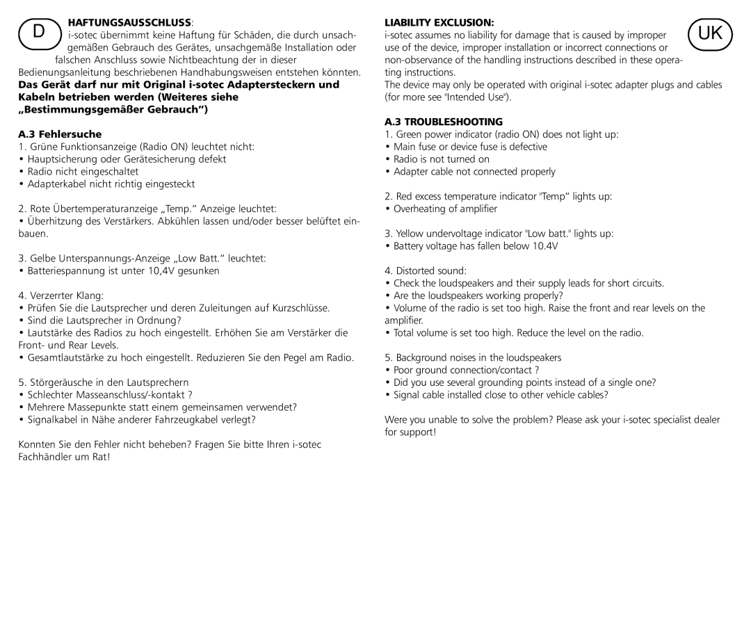 Braun i-soamp-4cx, i-soamp-2 manual Haftungsausschluss, Liability Exclusion, Troubleshooting 