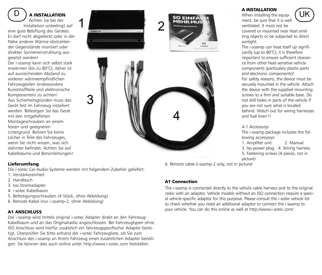 Braun i-soamp-4cx, i-soamp-2 manual Installation, Lieferumfang, A1 Anschluss, A1 Connection 