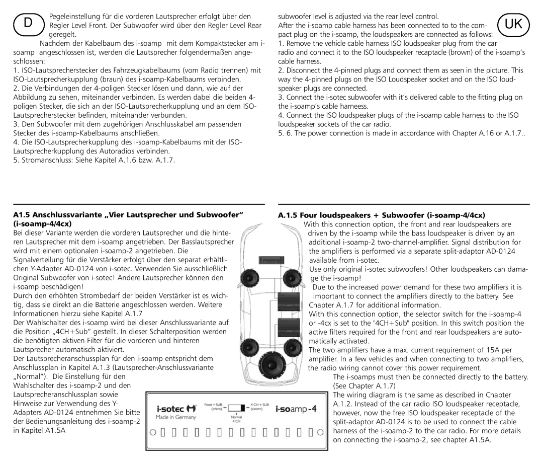 Braun i-soamp-2, i-soamp-4cx manual Four loudspeakers + Subwoofer i-soamp-4/4cx 