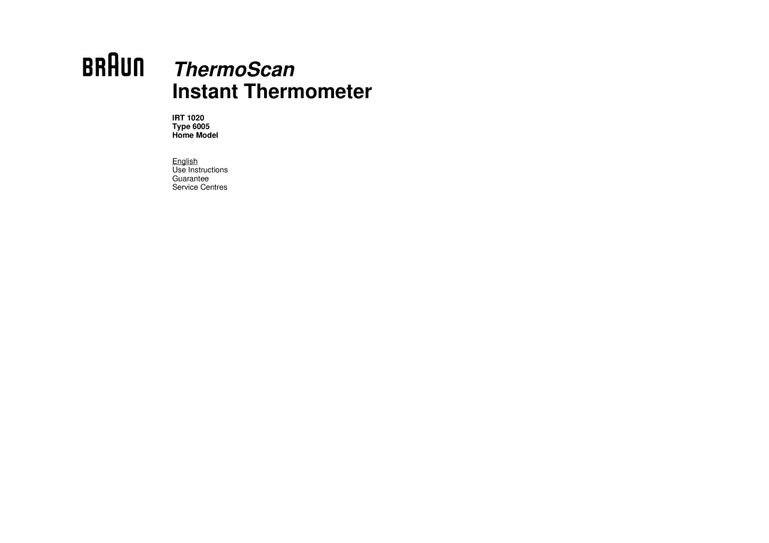 Braun IRT 1020 manual ThermoScan, IRT Type Home Model 