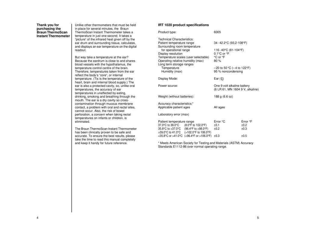 Braun manual IRT 1020 product speciﬁ cations 