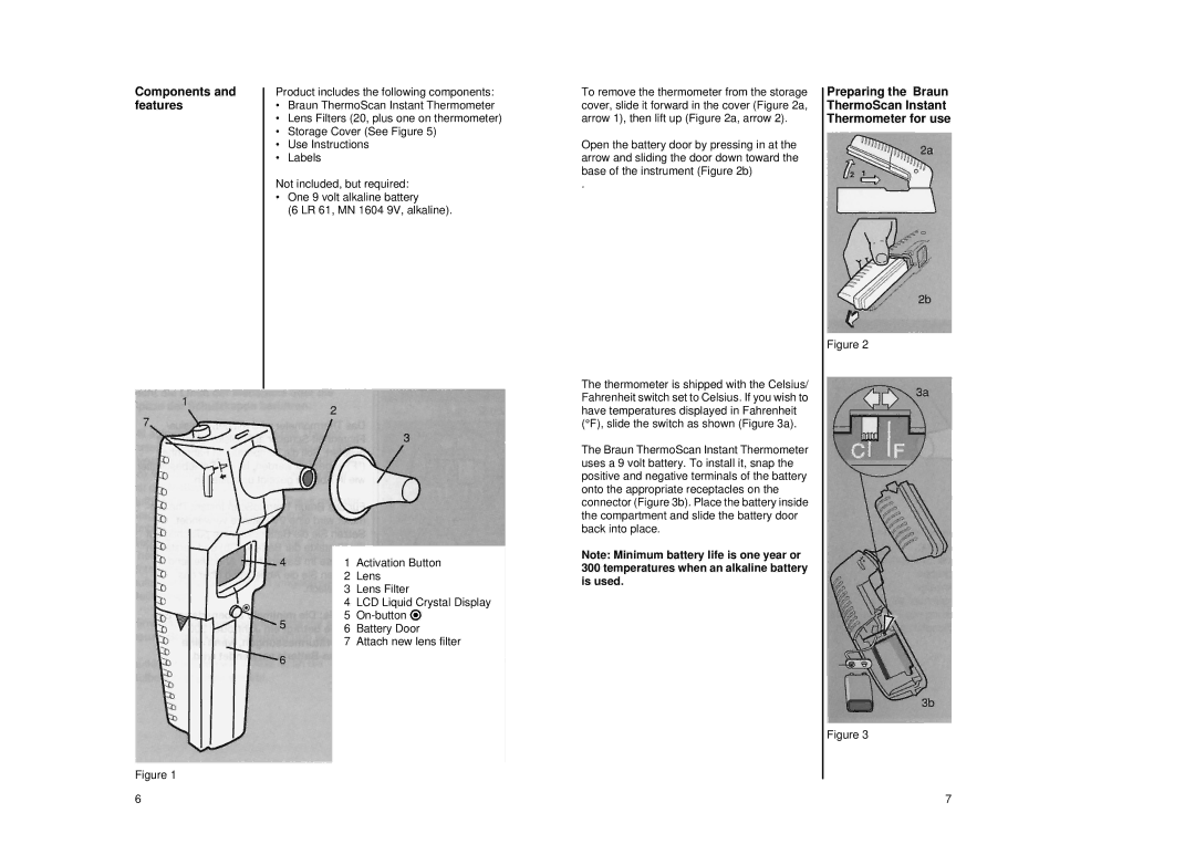 Braun IRT 1020 manual Components and features, Preparing the Braun ThermoScan Instant Thermometer for use 