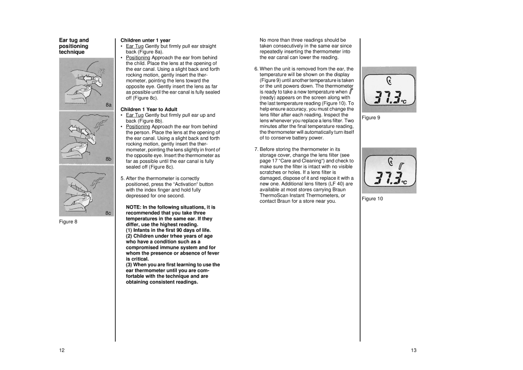 Braun IRT 1020 manual Ear tug and positioning technique, Children unter 1 year, Children 1 Year to Adult 