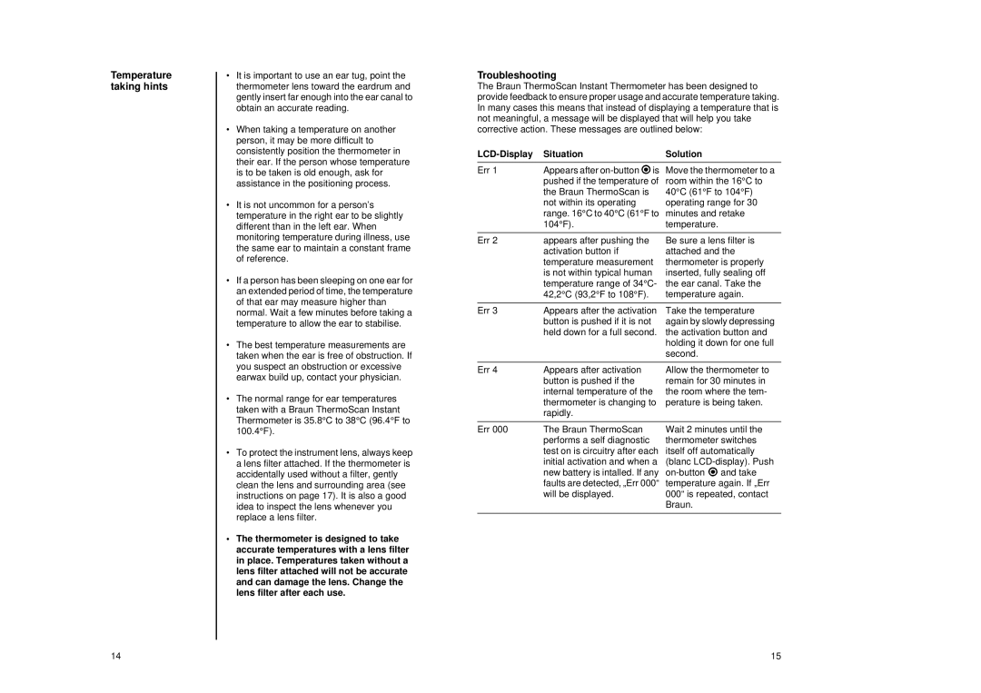 Braun IRT 1020 manual Temperature taking hints, Troubleshooting, LCD-Display Situation, Lens filter after each use 