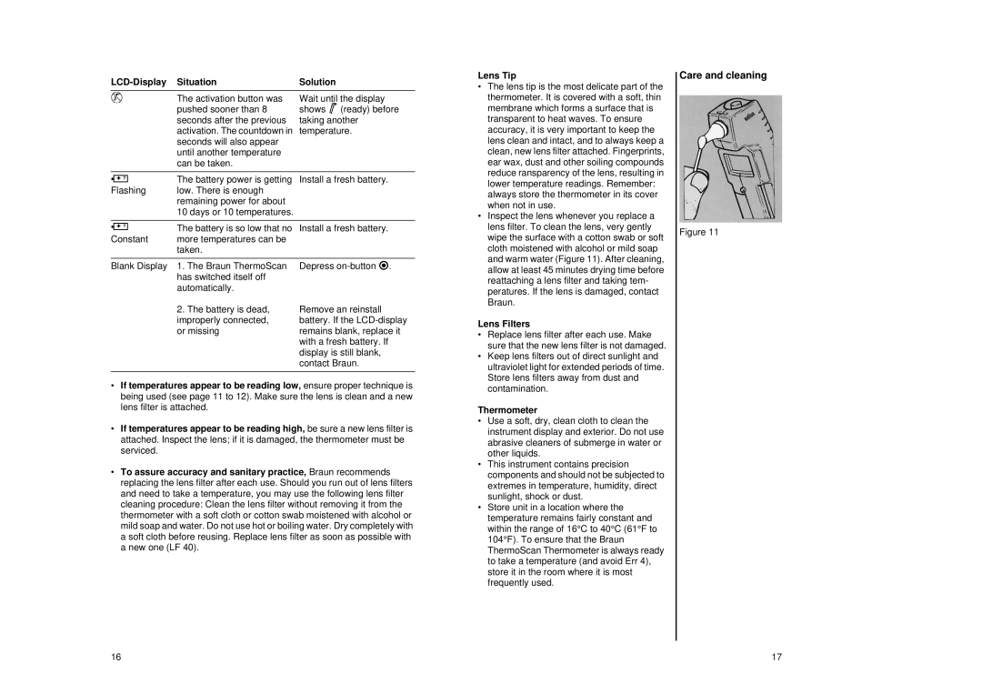 Braun IRT 1020 manual Care and cleaning, Lens Filters, Thermometer 