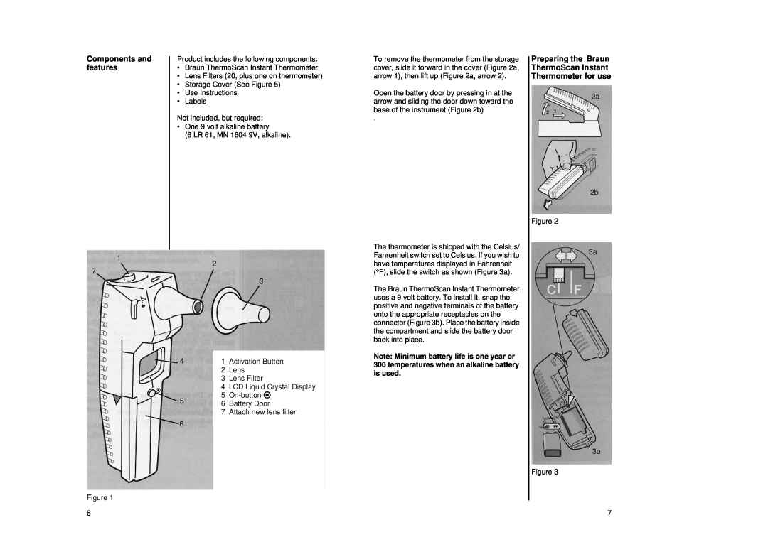Braun IRT 1020 manual Components and features, Preparing the Braun ThermoScan Instant Thermometer for use 