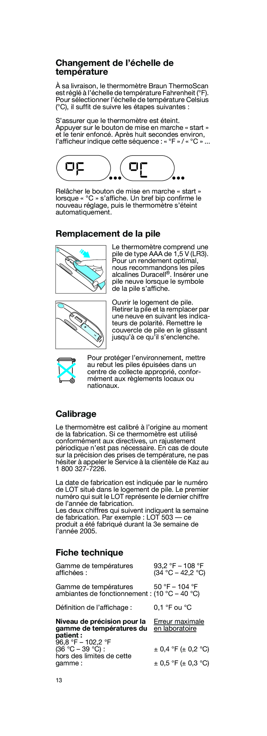 Braun IRT 3020 CO manual Changement de l’échelle de température, Remplacement de la pile, Calibrage, Fiche technique 