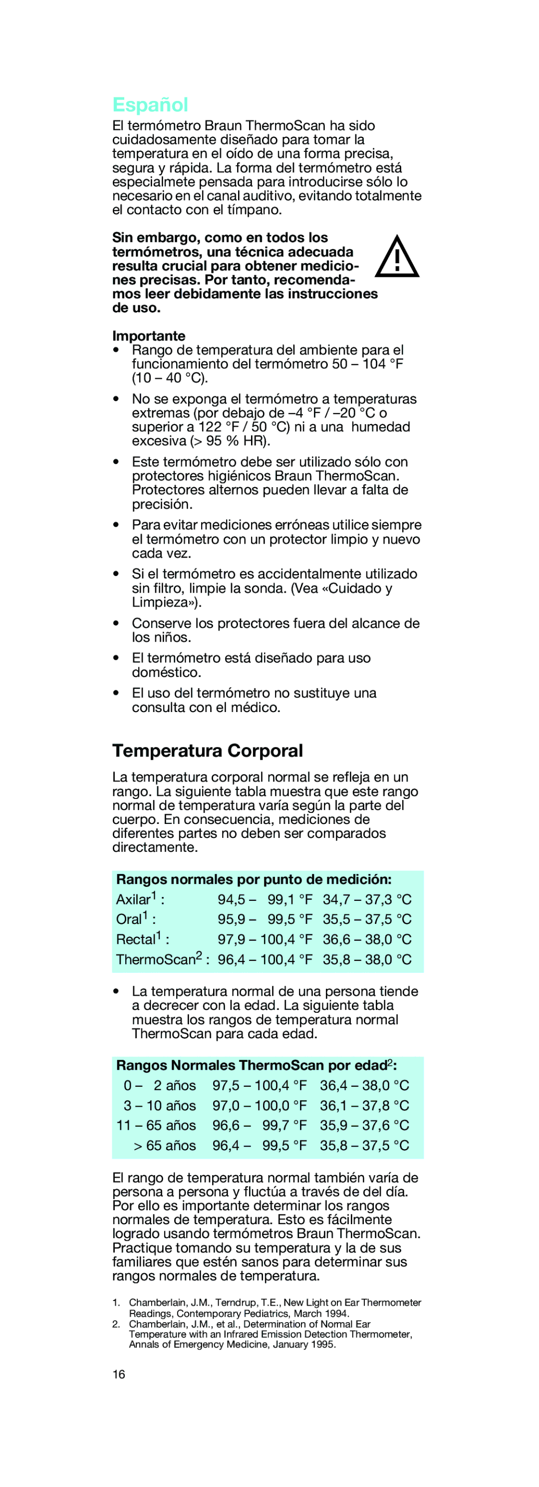 Braun IRT 3020 CO manual Temperatura Corporal, Rangos normales por punto de medición, Rangos Normales ThermoScan por edad2 