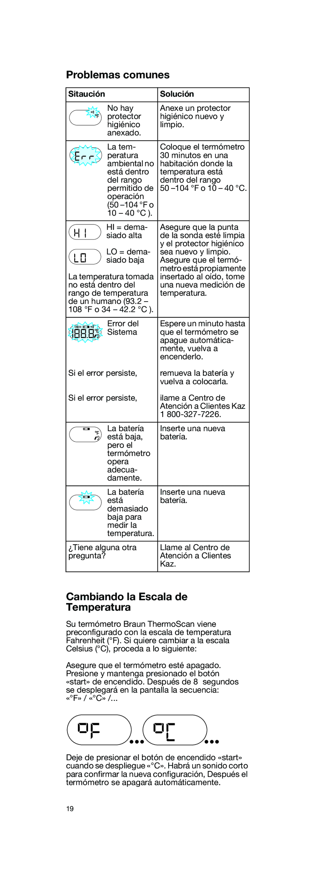 Braun IRT 3020 CO manual Problemas comunes, Cambiando la Escala de Temperatura, Sitaución Solución 