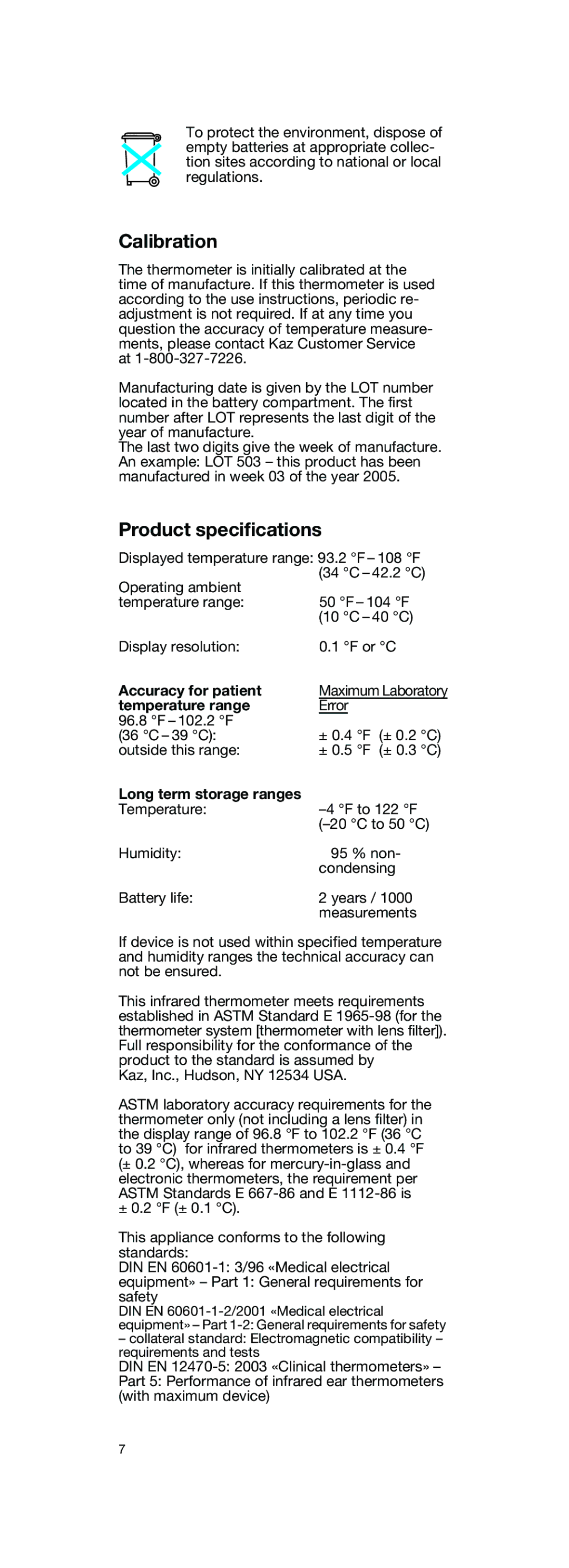 Braun IRT 3020 CO Calibration, Product specifications, Accuracy for patient, Temperature range, Long term storage ranges 