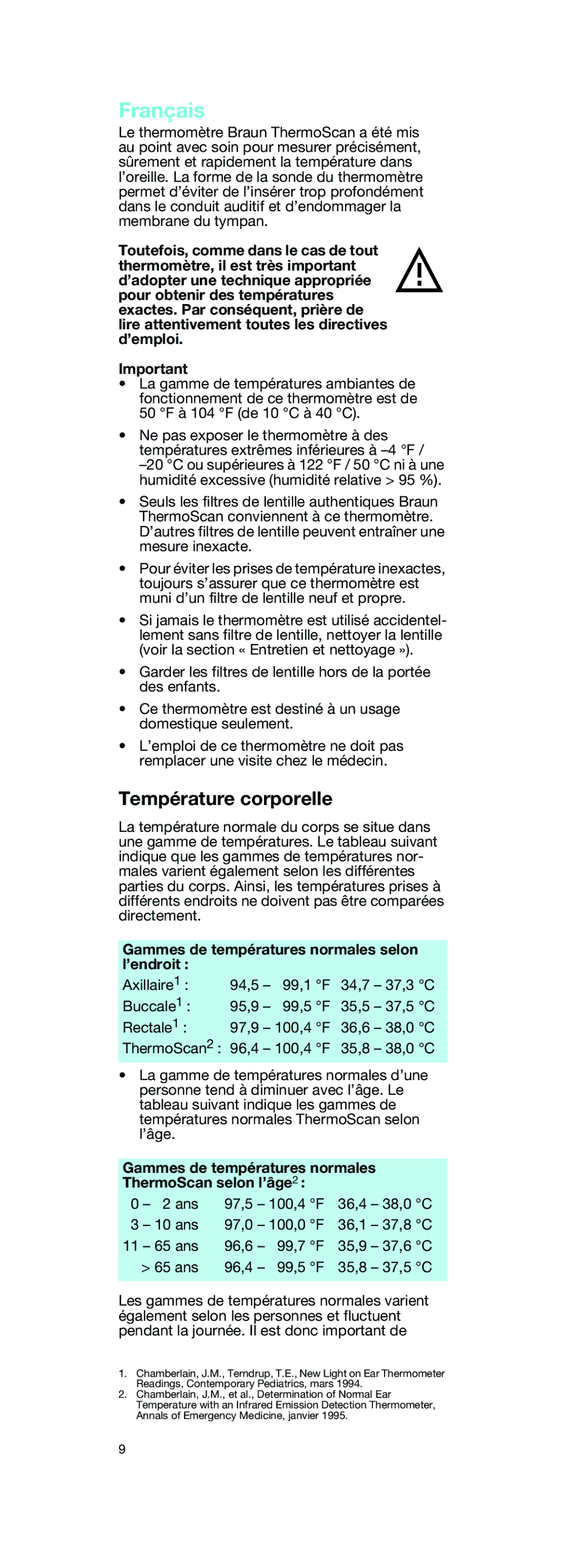 Braun IRT 3020 CO manual Température corporelle, Gammes de températures normales selon l’endroit 