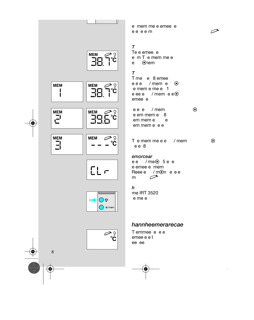 Braun IRT 3020, IRT 3520 manual Memory mode, Changing the temperature scale, Irt, Memory clear, LCD light 