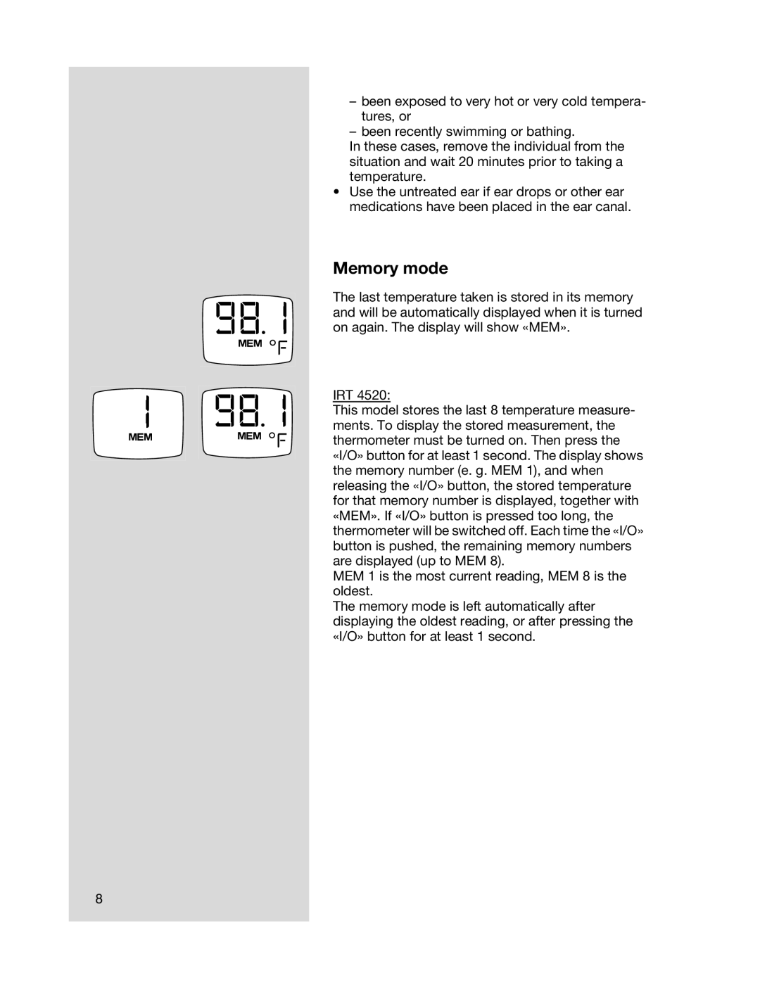 Braun IRT 4520, IRT 4020 manual Memory mode 