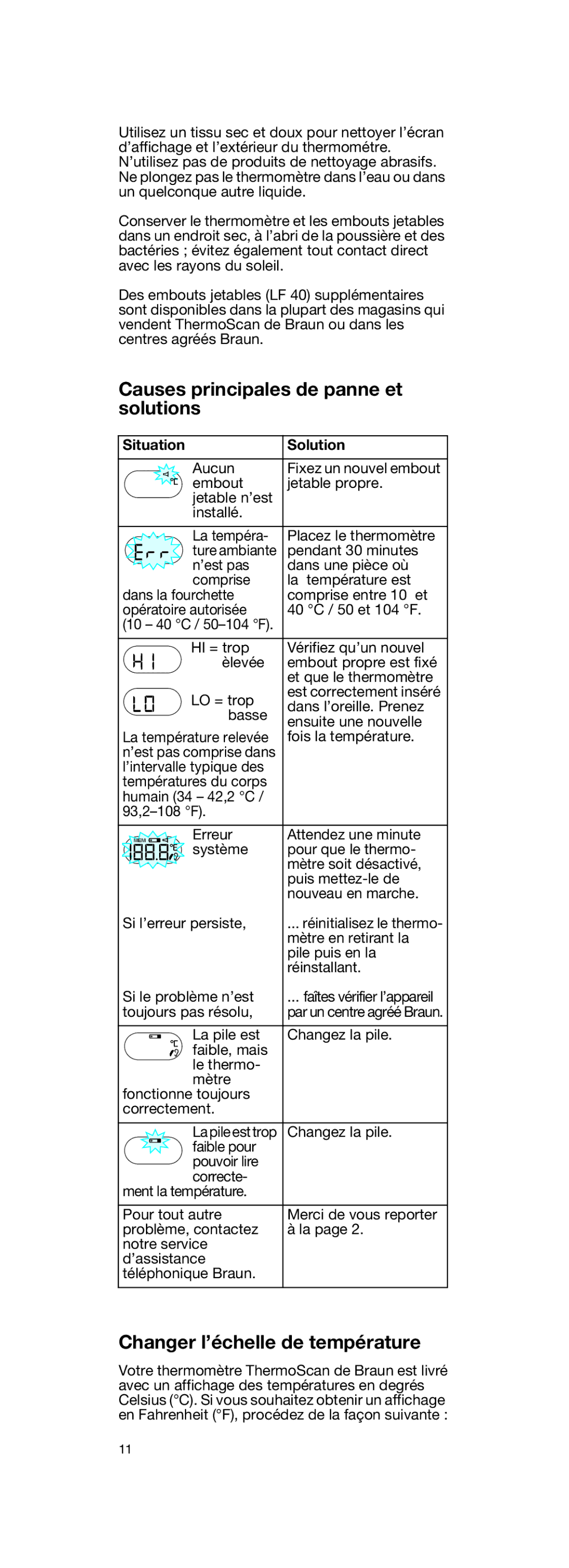 Braun IRT3020 manual Causes principales de panne et solutions, Changer l’échelle de température 
