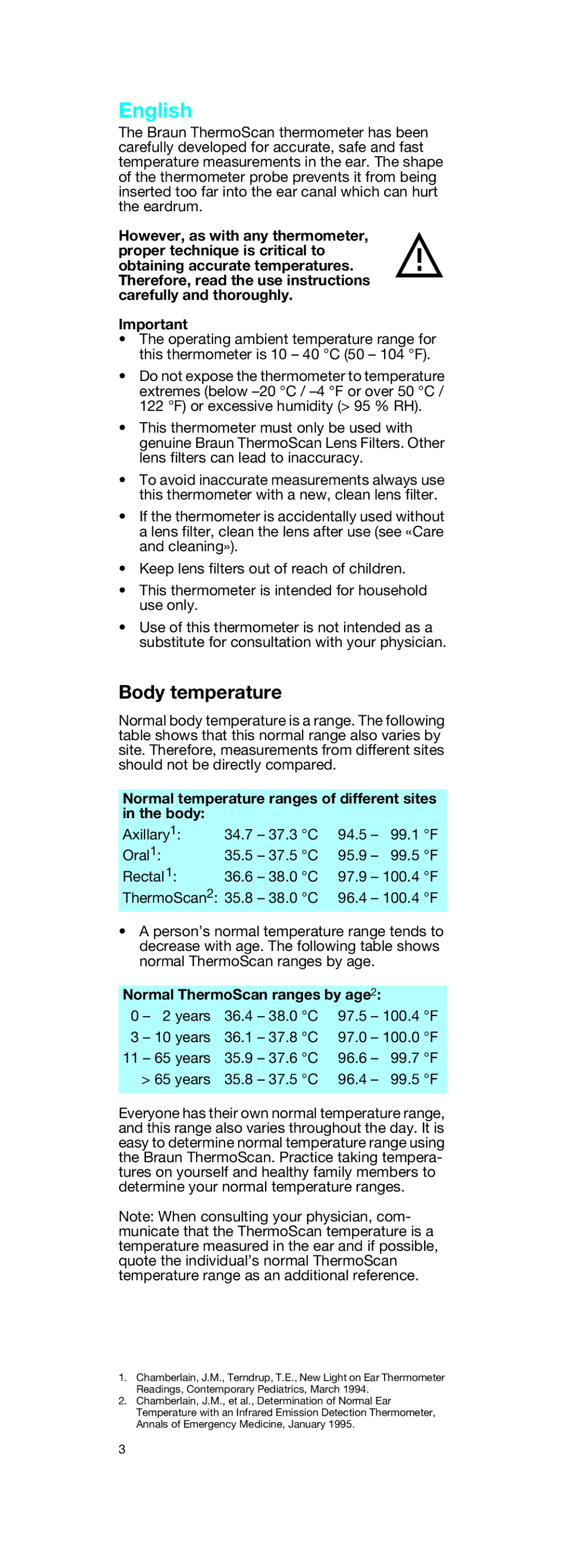 Braun IRT3020 Body temperature, Normal temperature ranges of different sites in the body, Normal ThermoScan ranges by age2 